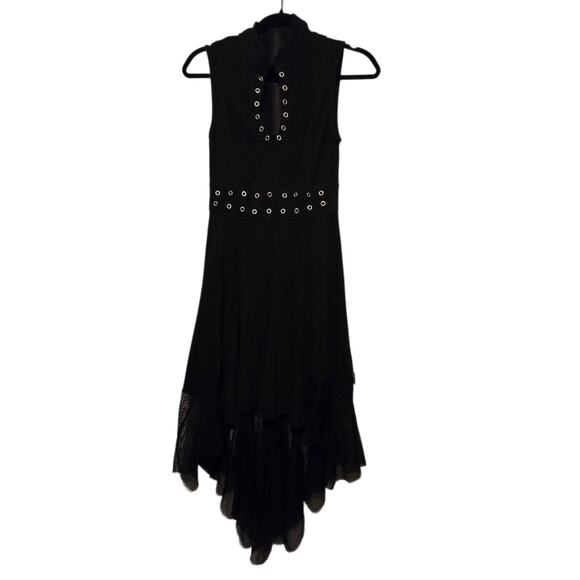 Tripp NYC Grommet Fit Flare Hi Lo Dress S Black Mesh Goth Punk Witchy Emo Grunge